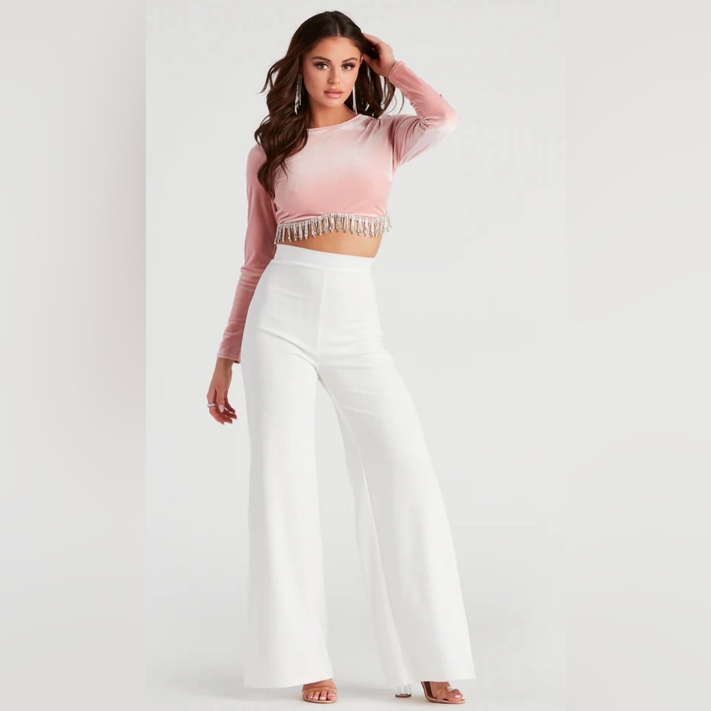 Pink Velvet Rhinestone Fringe Crop Top Windsor Long Sleeve Festival | Size S